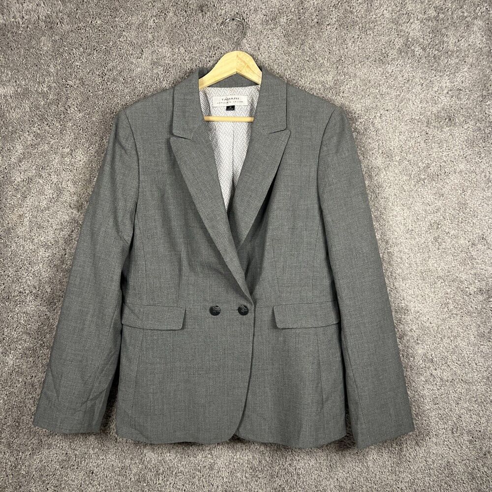 Tahari Blazer Womens 12 Gray Long Sleeve Lined Double Breasted Business Work